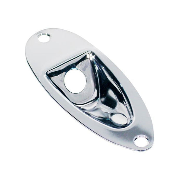 Oval Stratocaster jack plate in chrome, nickel, black, and gold